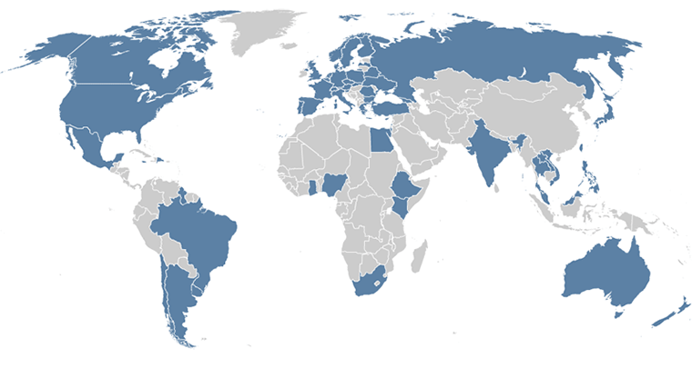 map of world with confirmed countries highlighted
